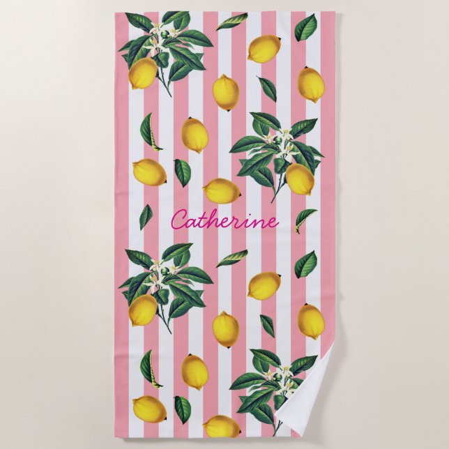 Mediterranean Vintage Lemons Pink Stripes Name Strandtuch (Vorderseite)