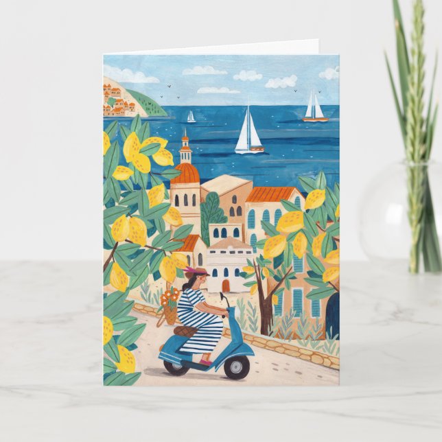 Mediterranean Woman Scooter Illustration Travel Karte (Vorderseite)