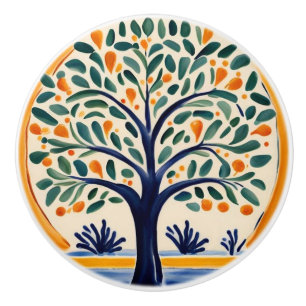 Mediterraner Baum Rustikales Blau und Gelbe Folk K Keramikknauf