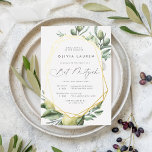 Mediterraner Garten Bat Mitzvah Folieneinladung<br><div class="desc">Schöne Natur-Thema Fledermaus Mitzvah Einladungen für Frühling oder Sommer sind graue Schrift gerahmt durch eine goldfoliengeometrische Grenze und zarte Aquarellbilder von mediterranen Pflanzen,  Blätter,  Oliven und Zitronen. Personalisieren Sie Ihre Tempelfeier und feiern Sie Details. Eine moderne Wahl in einem natürlichen Farbschema für Boho- oder Naturveranstaltungen.</div>