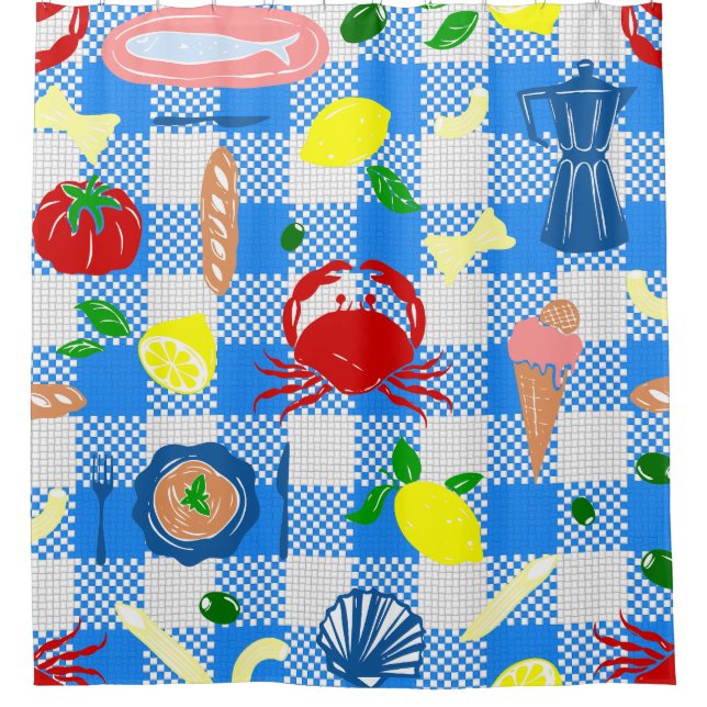 mediterraner Meerespicknick Meeresfrüchte Krabbe G Duschvorhang (Vorderseite)