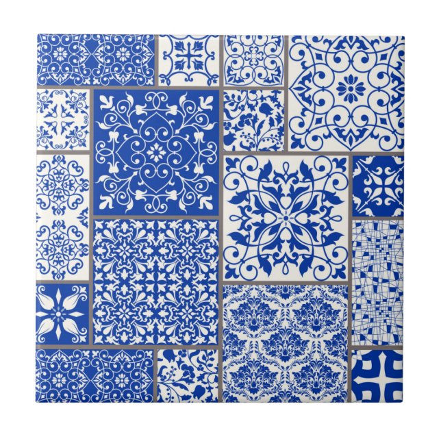 Mediterranes Blau und Weiß Azulejo Majolica Mosaik Fliese (Vorderseite)