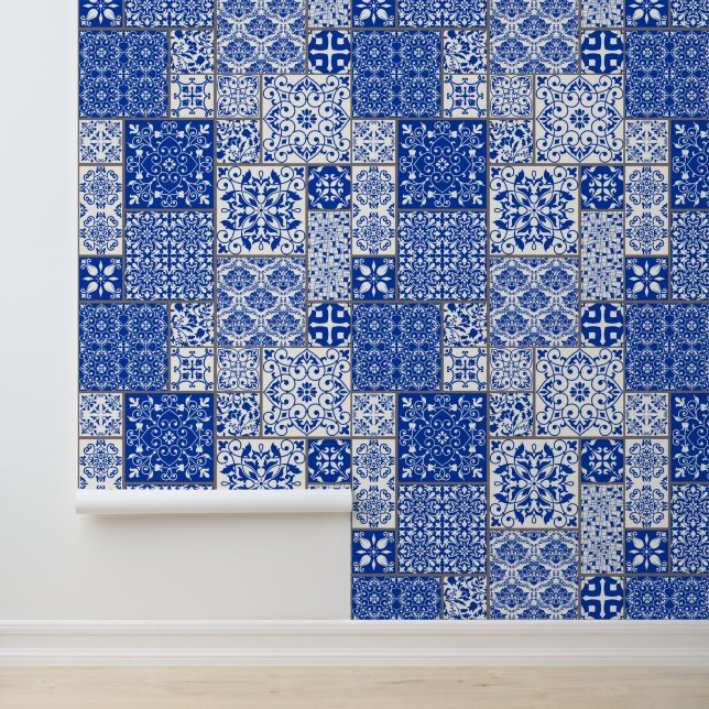 Mediterranes Blau und Weiß Azulejo Majolica Tiles Tapete (Anwendung)