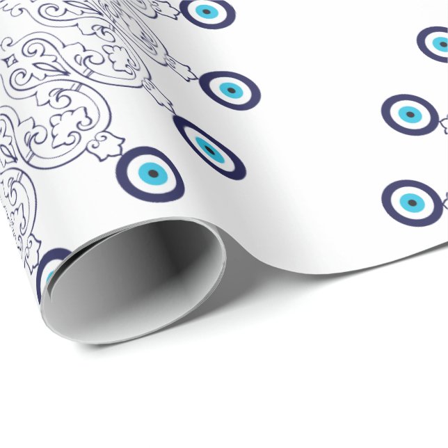 Mediterranes Blaues Aqua Evil Eye Mandala Muster Geschenkpapier (Rolleneckpunkt)