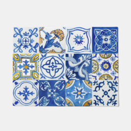 Mediterranes Blumenmuster Blau, Weiß und Gelb Fußmatte