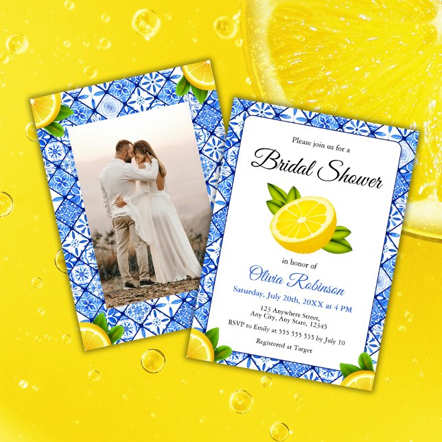 Mediterranes Brautparty Blauer Til Lemon Foto Einladung (Mediterranean Italian Blue Tile Lemon Photo Bridal Shower Invitation   )