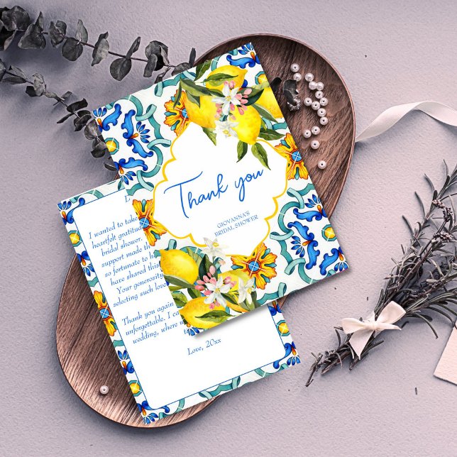 Mediterranes Brautparty Majolica Dankeskarte (Mediterranean Majolica Italian blue tiles lemons bridal shower Thank You Card Sicilian bridal shower)