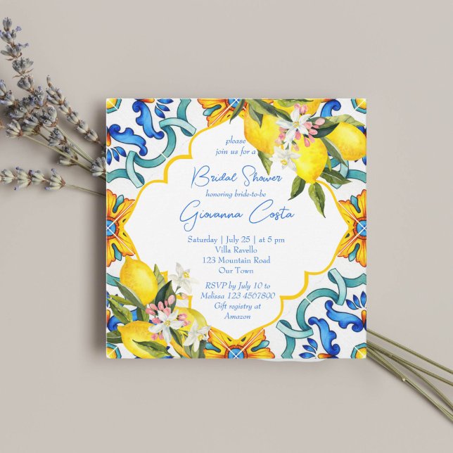Mediterranes Brautparty Majolica Einladung (Mediterranean Majolica blue yellow tiles lemons bridal shower Invitation template instant download)