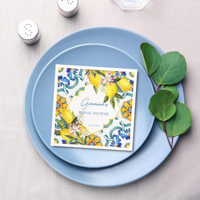 Mediterranes Brautparty Majolica Serviette (Mediterranean Majolica blue tiles lemons bridal shower personalized printed Napkins table decor)