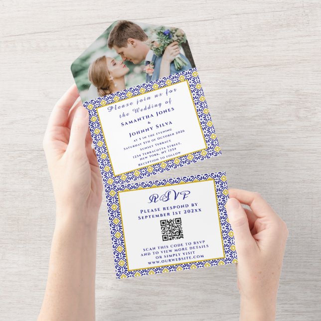 Mediterranes Fliesen Portugiesisches Foto Hochzeit All In One Einladung (Abreißen)