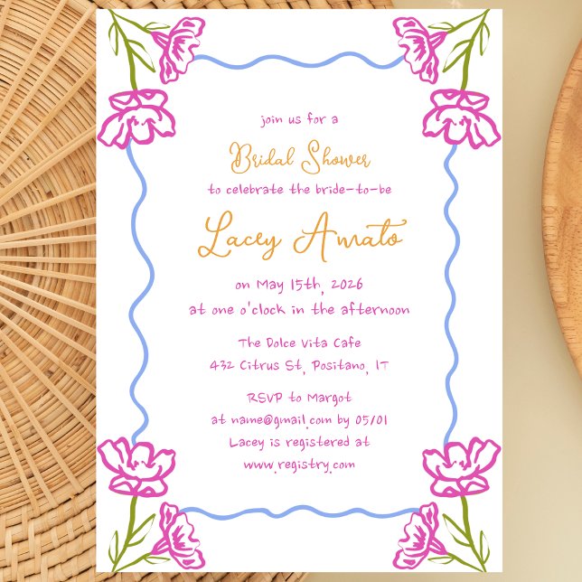 Mediterranes handgezeichnetes weißes Brautparty Einladung (Bougainvillea blooms & citrus vibes make this chic bridal shower invitation a Mediterranean dream!)
