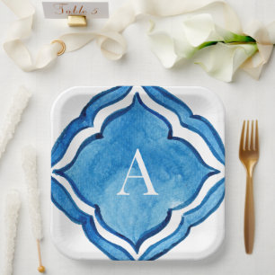 Mediterranes Kobalt Blauer Tile Monogramm II Pappteller