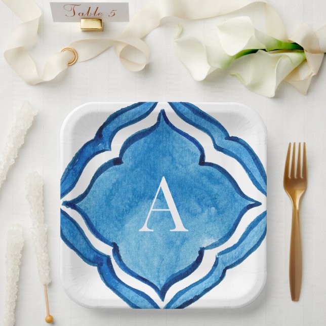 Mediterranes Kobalt Blauer Tile Monogramm II Pappteller (Hochzeit)
