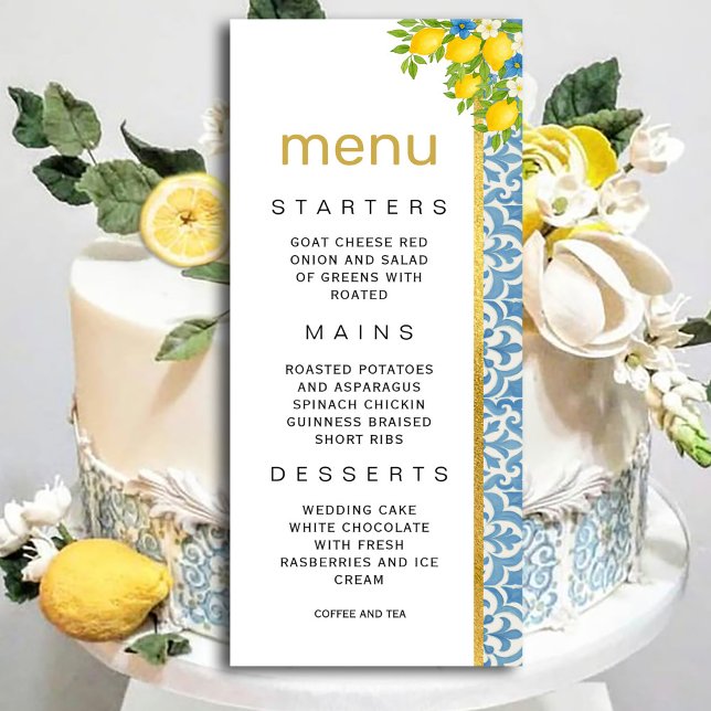 Mediterranes Lemon & Blue Tile Hochzeitmenü Einladung (Mediterranean Lemon & Blue Tile Wedding Menu Invitation #zazzlemade #menuinvitation #dinner #lemon)