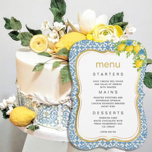 Mediterranes Lemon & Blue Tile Hochzeitmenü Einladung (Mediterranean Lemon & Blue Tile Wedding Menu Invitation #zazzlemade #yellowandbluemenu #dinnerinvita)