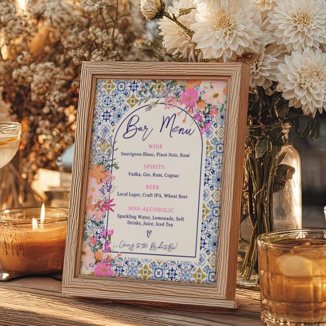 Mediterranes, rosa, florales Bar Poster (Mediterranean Tile Pink Floral Bar Menu Poster)