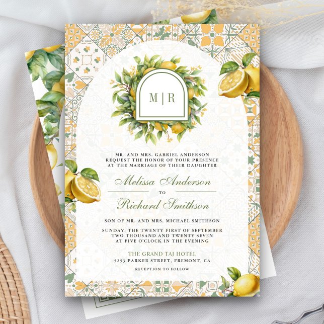 Mediterranes Tile Lemon QR Code Foto Hochzeit Einladung (Von Creator hochgeladen)
