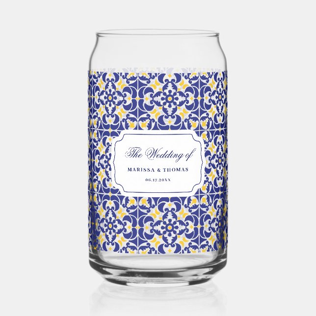 Mediterranes Tiles Blue & Yellow Wedding-Geschenk Dosenglas (Vorderseite)