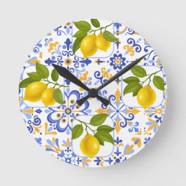 Mediterrenean Citrus Lemon pattern Runde Wanduhr