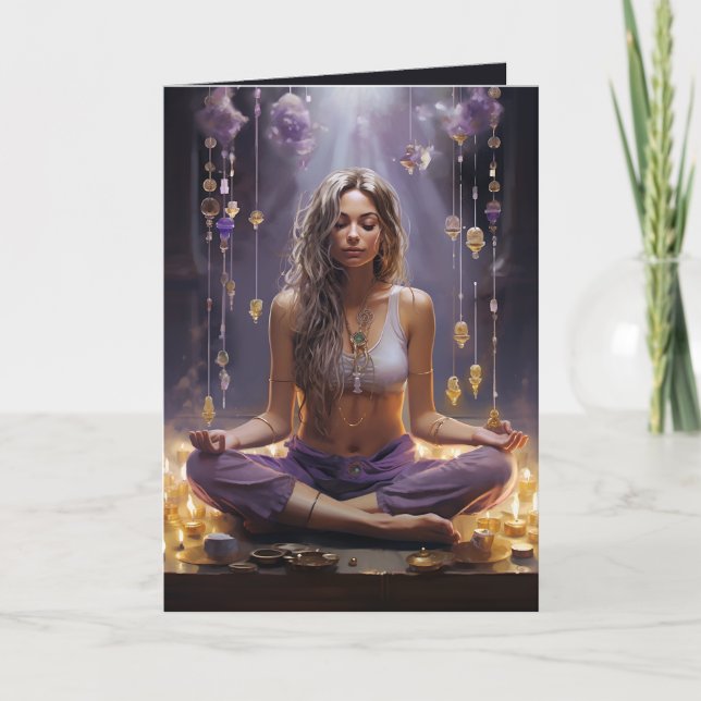 Meditieren des Yoga Girl, Kristalle Amethyst Gebur Karte (Vorderseite)