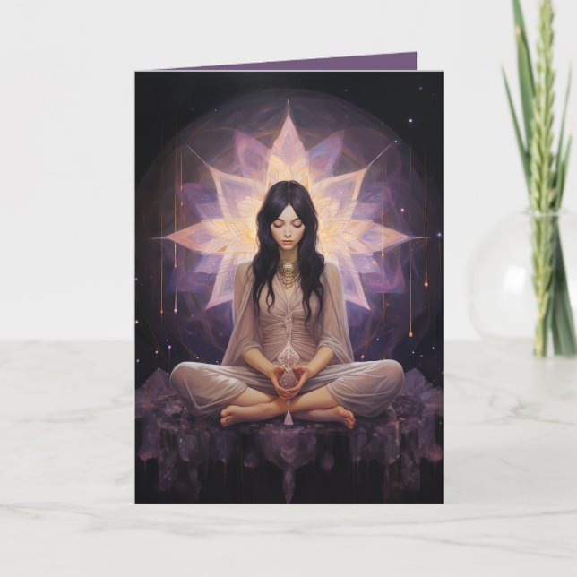 Meditieren des Yoga Girl, Kristalle Amethyst Gebur Karte (Vorderseite)