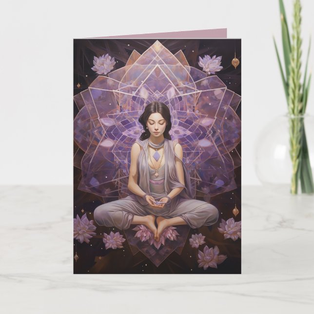 Meditieren von Yoga Crystals Amethyst Lotus Birthd Karte (Vorderseite)