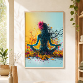 Meditierende Frau Lotus-Yogastellung Bunte Blumen Poster