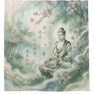 Meditierender Buddha-Bambus-Tusche-Kunst Duschvorhang