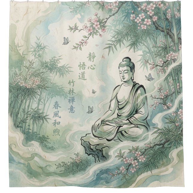 Meditierender Buddha-Bambus-Tusche-Kunst Duschvorhang (Vorderseite)