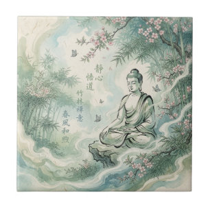 Meditierender Buddha-Bambus-Tusche-Kunst Fliese