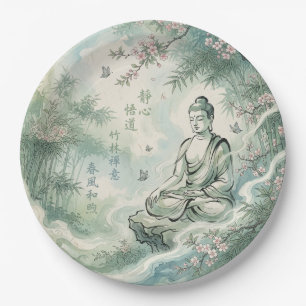 Meditierender Buddha-Bambus-Tusche-Kunst Pappteller