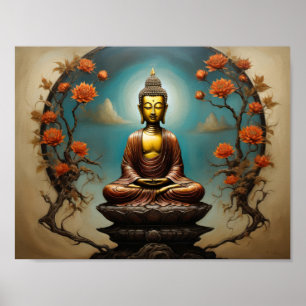 Meditierender Gautama Buddha mit Blumenbaum  Poster