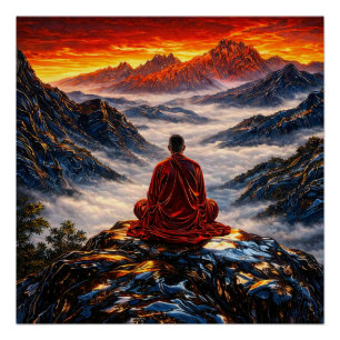 Meditierender Mönch im Berg Sonnenuntergang Poster
