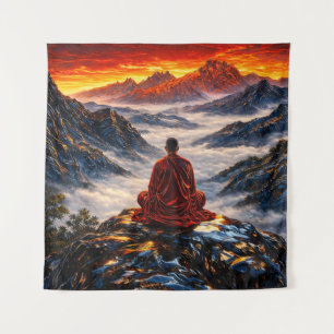 Meditierender Mönch im Berg Sonnenuntergang  Wandteppich