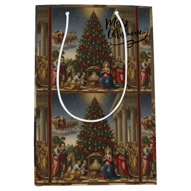Medium Nativity Santa Christmas Gift Bag Mittlere Geschenktüte (Vorderseite)