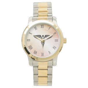 Medizinischer Caduceus-Look aus rustikalem Marmor Armbanduhr