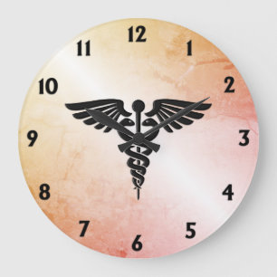 Medizinischer Caduceus-Look aus rustikalem Marmor Große Wanduhr