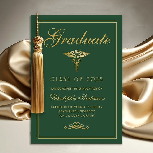 Medizinischer Grüner Uni-Abschluß Ankündigung (Medical Green Gold Caduceus College Graduation Announcement)