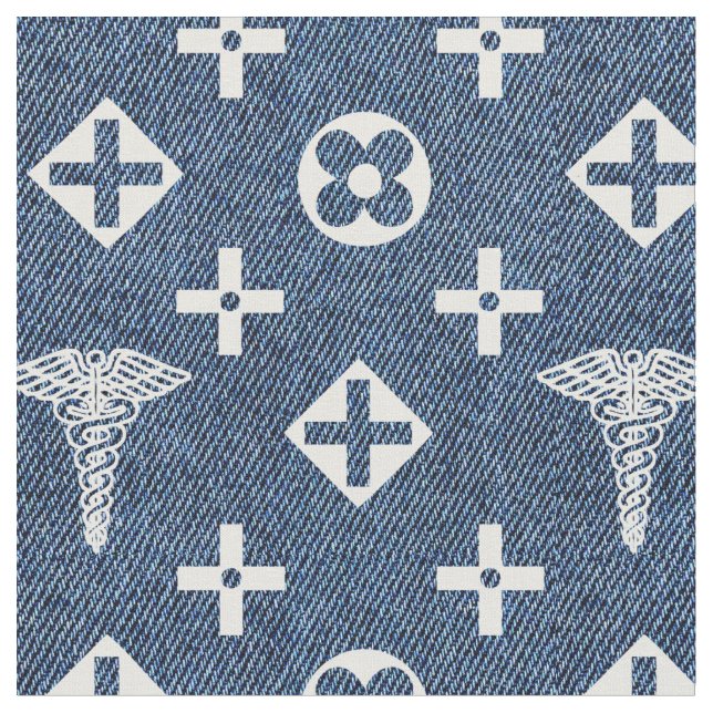 Medizinisches Muster Ärztelogo Blauer Jeans Stoff (Nahaufnahme)