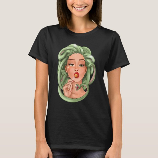 Medusa Gorgon Frau mit Lollipop Schlangen Reptiles T-Shirt (Vorderseite)