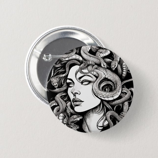 Medusa Kopf Tattoo-Stil Button (Vorne & Hinten)