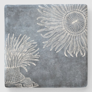 Meer Anemone Wasserfarbe Twilight Ozean Blau Weiß Steinuntersetzer