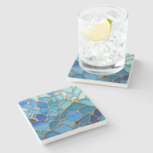 Meer der Wellen Blaue und goldene Mosaik-Fine-Art Steinuntersetzer