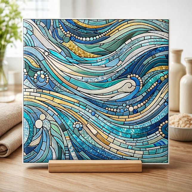 Meer der Wellen Teal-Mosaik-Kunst Fliese (Von Creator hochgeladen)