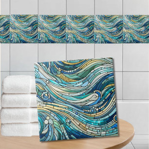Meer der Wellen Teal-Mosaik-Kunst Fliese