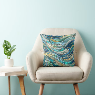 Meer der Wellen Teal-Mosaik-Kunst Kissen