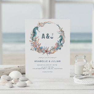 Meer Kranz Rustikale Strand-Monogramm-Hochzeit Einladung