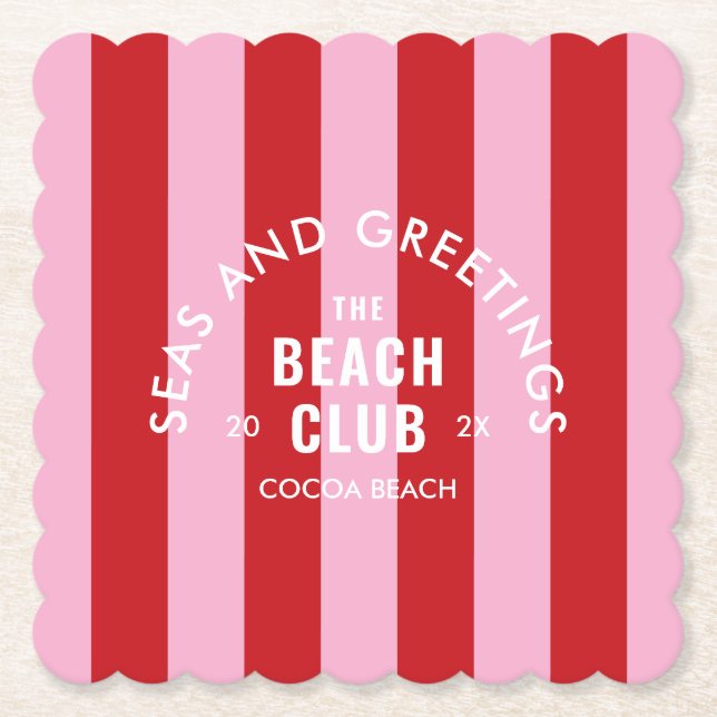 Meer und Grüße Der Beach Club Rosa Streifen Untersetzer (Vorderseite)