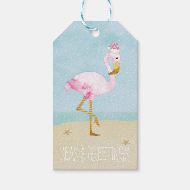 Meer und Grüße Wasserfarbe Rosa Flamingo Geschenkanhänger (Vorderseite)