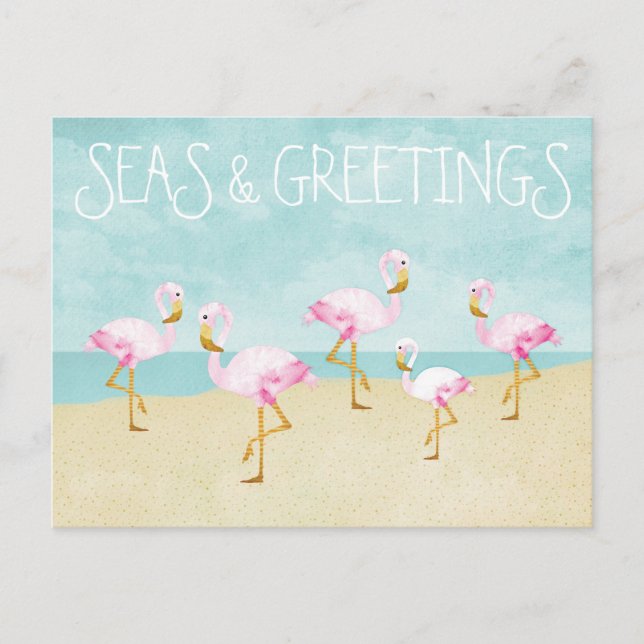 Meer und Grüße Wasserfarbe Rosa Flamingos Postkarte (Vorderseite)